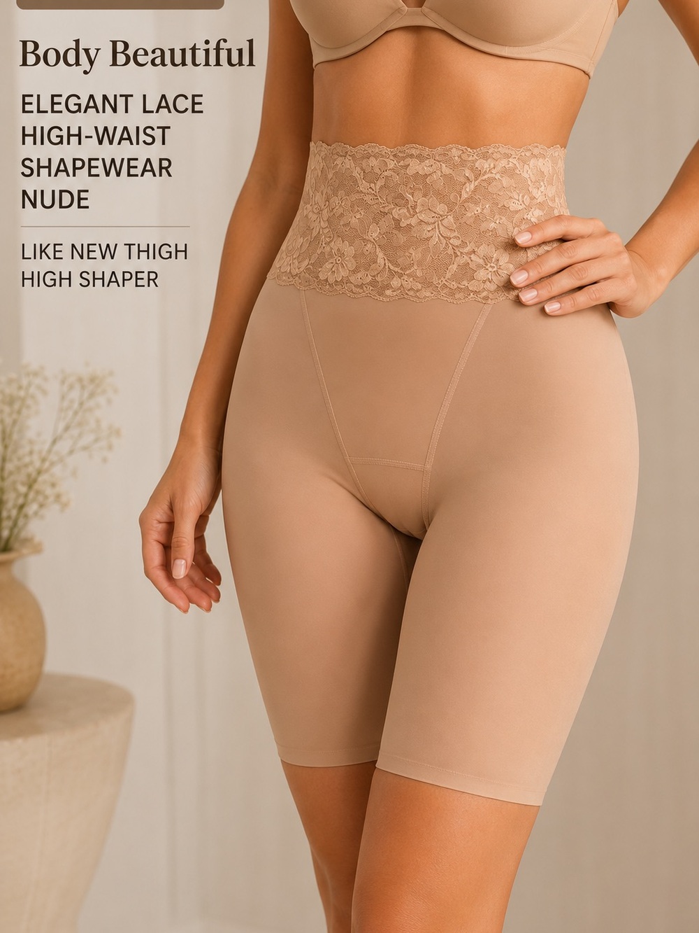 Body Beautiful Elegant Lace High-Waist Shapewear Nude Like New Thigh High Shaper